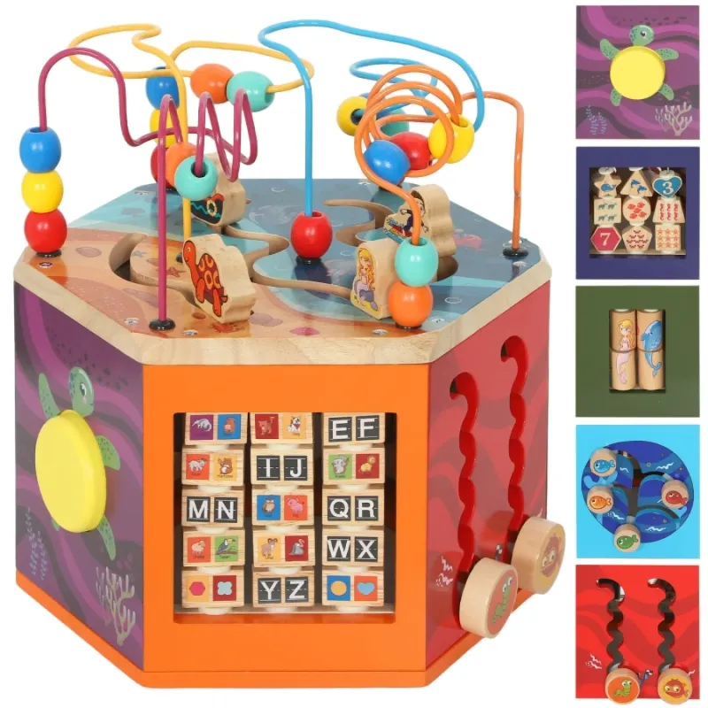 AIYAPLAY 5-in-1 Wooden Activity Cube with Bead Maze and Learning Games for Toddlers