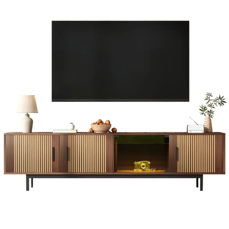 200cm Modern TV Unit with Carved Texture, Smart LED Lighting and Tempered Glass Doors - Black & Oak