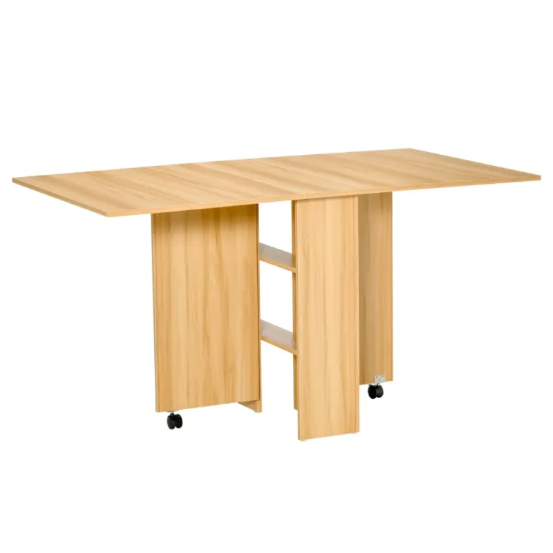 Teak Effect Folding Drop Leaf Dining Table with Integrated Storage Shelves