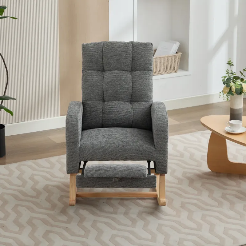 Grey Waffle Fabric Rocking Chair with Adjustable Footrest and Solid Wood Legs