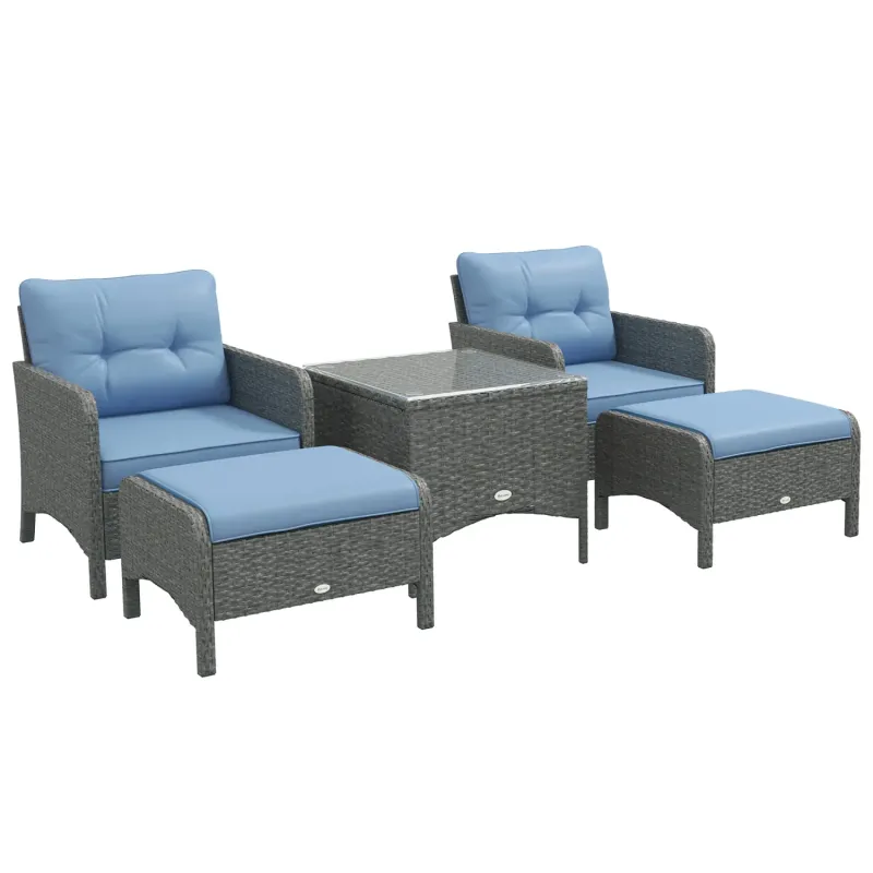  5-Piece Rattan Garden Furniture Set with 2 Armchairs, 2 Stools and Glass Top Table - Blue