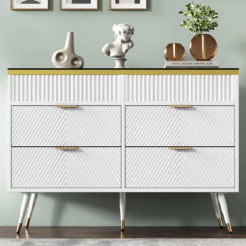 120cm White 6-Drawer Sideboard with Amber Glass Top and Brushed Metal Legs