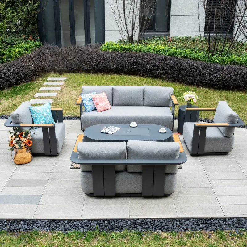 Varel 5-Piece Aluminium Garden Sofa Set with Teak Armrests and Lyrin Gas Fire Pit Table