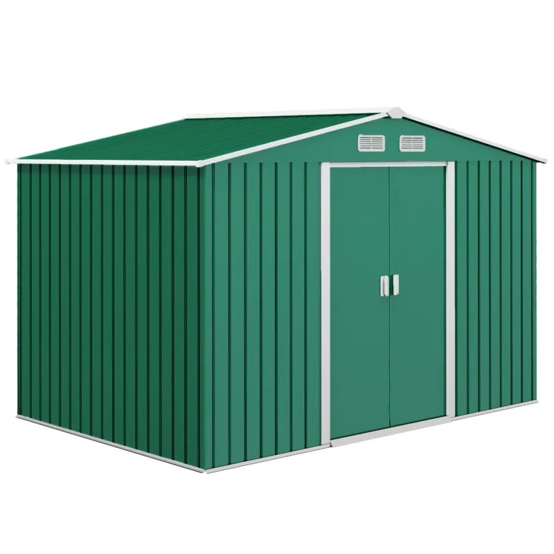  9 x 6ft Metal Garden Shed with Foundation Kit & Lockable Double Doors - Green