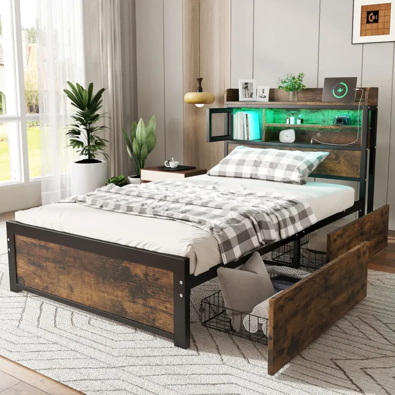 Industrial Metal 3FT Single Bed with LED Storage Headboard, Charging Ports and 2 Drawers - Black and Oak