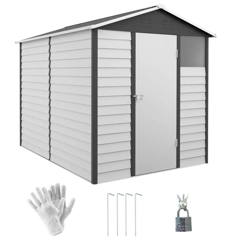  9ft x 6ft Metal Garden Shed, Galvanised Steel Tool Storage with Window and Lockable Door - Dark Grey