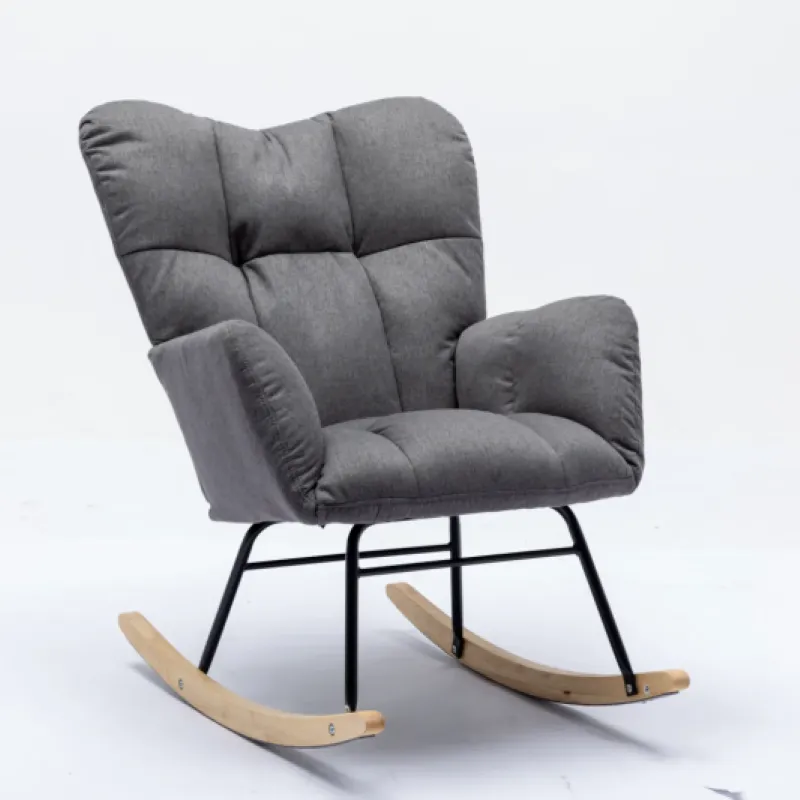 Mid-Century Modern Grey Flax Fabric Tufted Rocking Chair