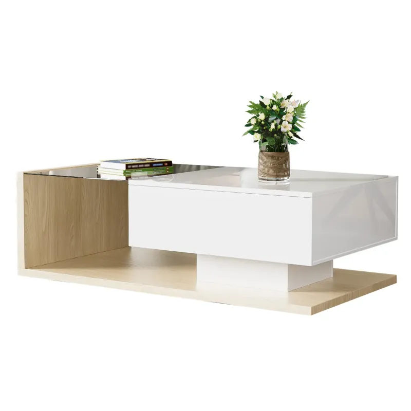 Modern White High Gloss and Natural Wood Coffee Table with LED Lighting