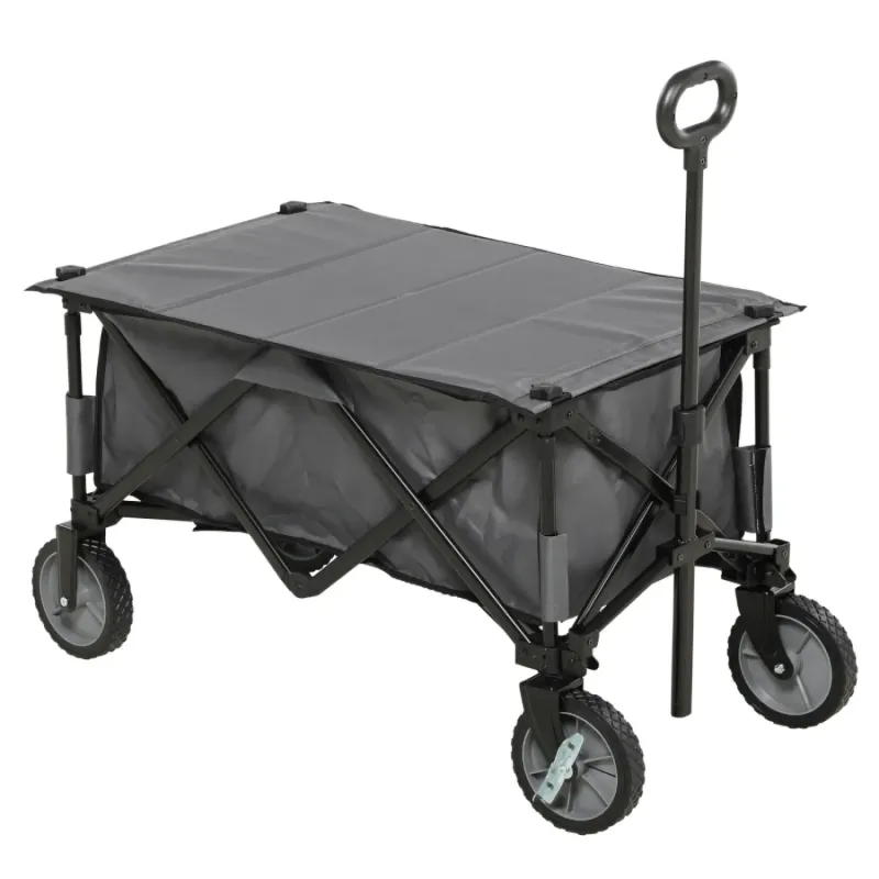 Folding Garden Trolley and Camping Wagon with Cover - 120kg Capacity, Dark Grey