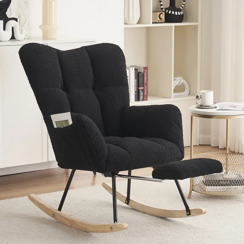 Modern Teddy Fabric Rocking Chair with Pull-out Footrest - Black