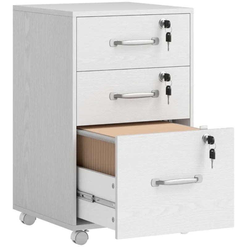  3-Drawer Lockable Under-Desk Filing Cabinet - White Wood-Effect