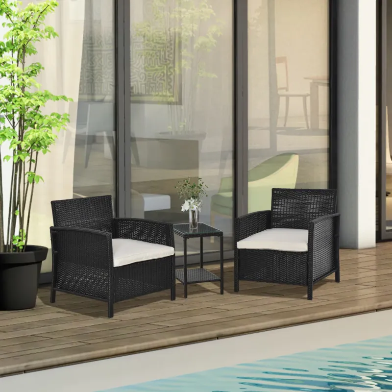  3-Piece Rattan Bistro Set with Armchairs and Two-Tier Glass Table - Black