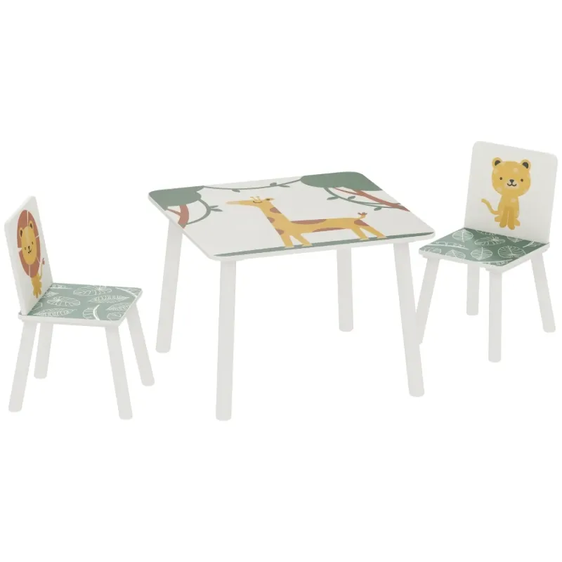 AIYAPLAY 3-Piece Toddler Table and 2 Chairs Set, Kids' Activity Furniture with Animal Patterns - Green