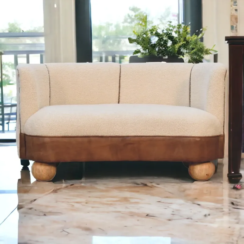 Buffalo Cream Boucle 2-Seater Sofa with Solid Mango Wood