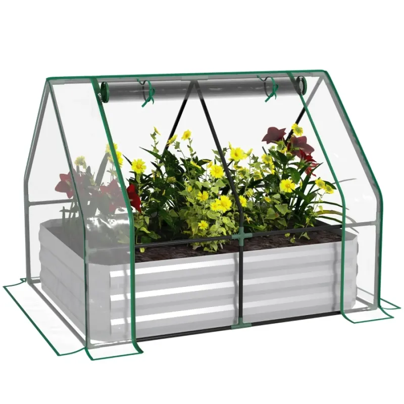 2-in-1 Steel Raised Garden Bed with Greenhouse Cover and Roll-Up Window, 127 x 95cm