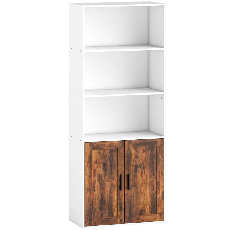  5-Tier Bookcase with Storage Cupboard and Adjustable Shelves - Rustic Brown