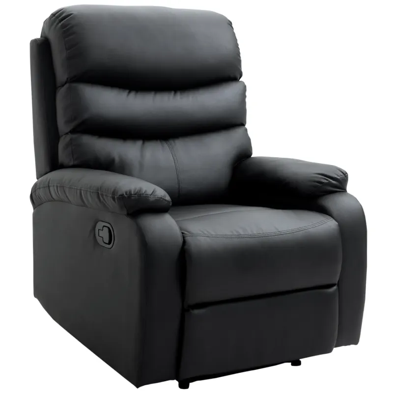  Manual Reclining Armchair with Retractable Footrest - Black PU Leather