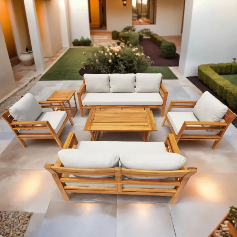 7-Seater Acacia Wood Garden Lounge Set with Coffee Table & Side Table - Teak Finish