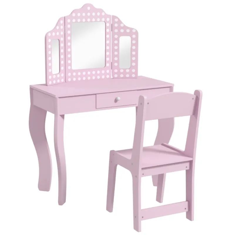 AIYAPLAY Kids Dressing Table and Stool Set with Tri-Fold Mirror - Pink