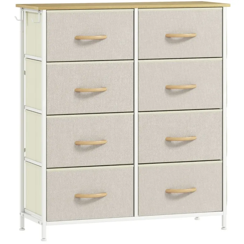 8-Drawer Fabric Chest of Drawers with Side Pockets and Hooks - Beige