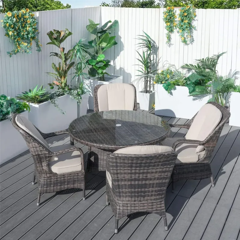 Palma Rattan Outdoor 4 Seater Dining Set, 4 Seater Set, in Brown, with a Round Table & Cushioned Chairs