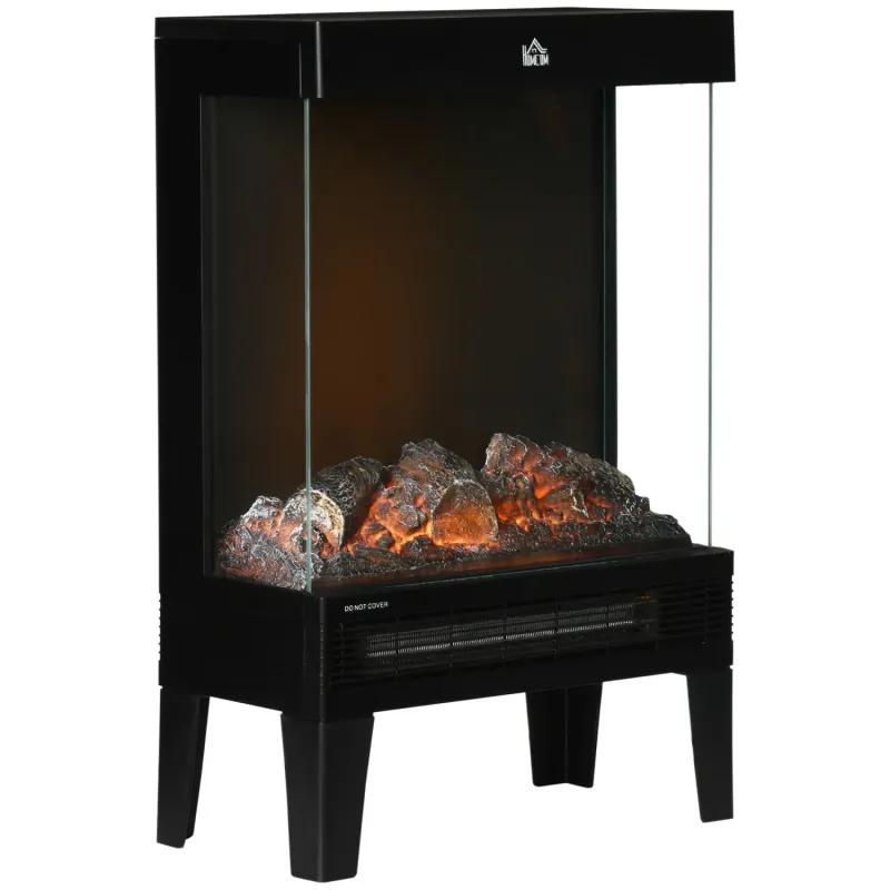 2000W Freestanding Electric Fireplace Heater with 180° Panoramic LED Flame Effect - Black