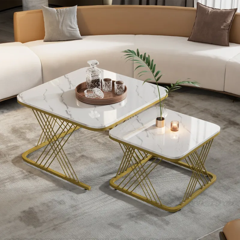 Square Coffee Table Set, Marble-Effect in White and Gold, with Nesting Design
