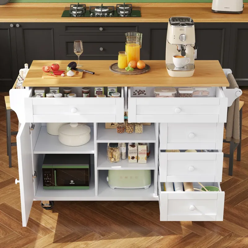 Large White Kitchen Island Trolley with Wood Grain Worktop and Multi-Drawer Storage