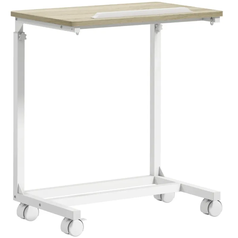 Height Adjustable C-Shaped Side Table with Tilting Top - Mobile Laptop Desk in Oak and White