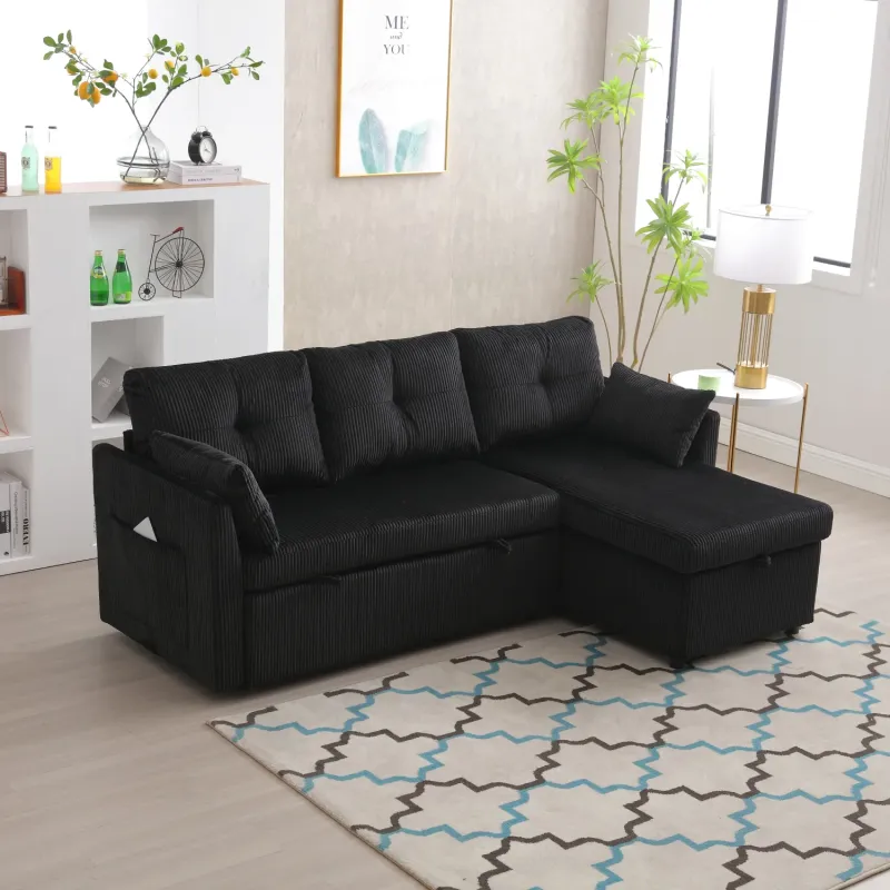 Corduroy 2 Seater L-Shape Sofa Bed in Black, with Reversible Storage Chaise and Pull Out Bed