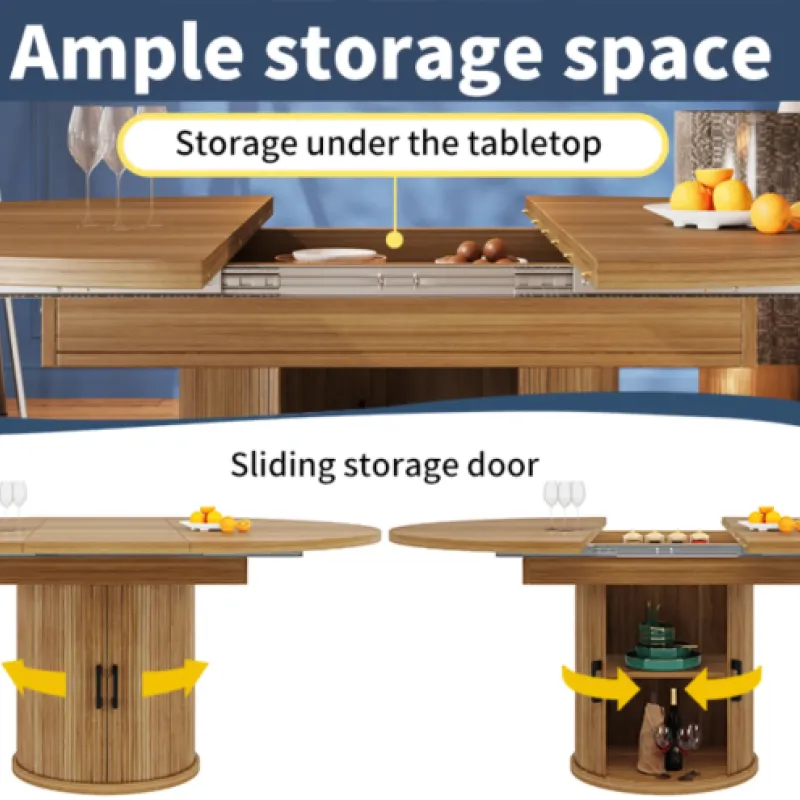 Walnut Extendable Round to Oval Dining Table with Base Storage, 118cm-158cm