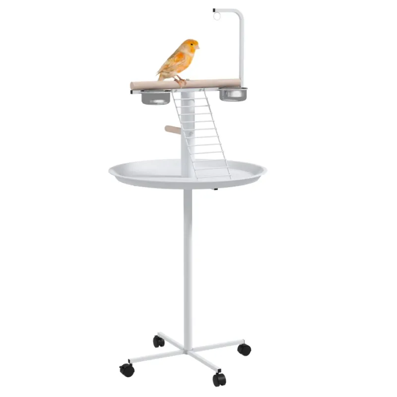 White Parrot Play Stand with Wheels, Perches and Feed Bowls
