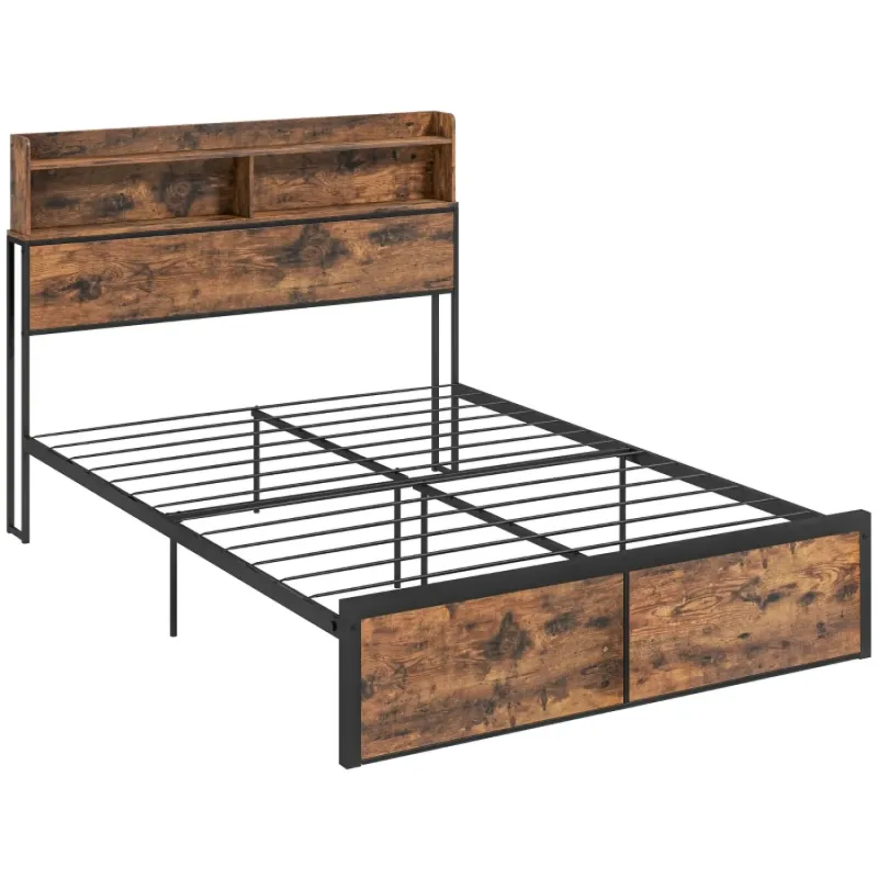  Industrial Double Bed Frame with Storage Headboard and Under-Bed Space - Rustic Brown