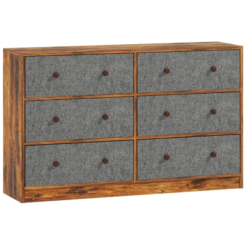 6-Drawer Chest of Drawers with Fabric Bins and Rustic Brown Top