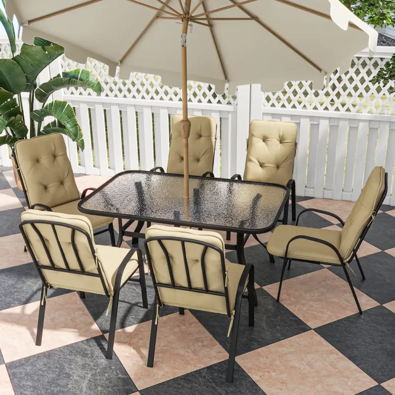  6-Seater Garden Dining Set with Glass Top Table and Cushioned Chairs - Beige