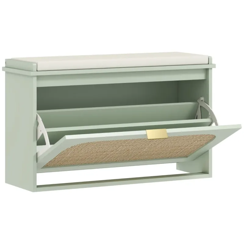 Boho Shoe Storage Bench with Rattan Accents and Padded Seat - Light Green