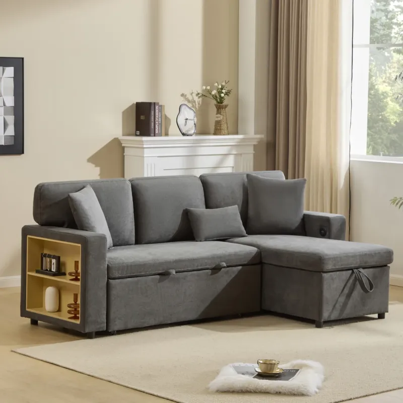 4 Seater L-Shaped Corner Sofa Bed with Storage and USB Charging - Dark Grey