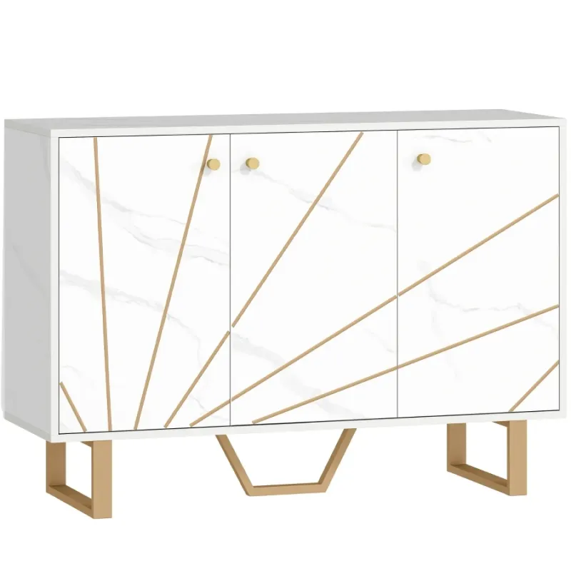  Modern Marble Effect Sideboard with Gold Tone Metal Legs - White