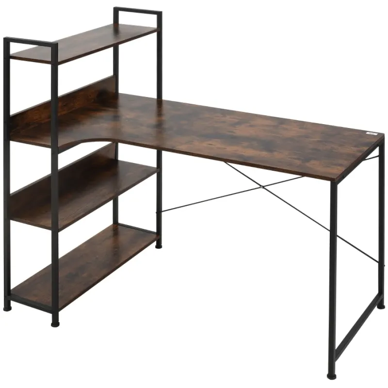 120cm Industrial Office Desk with 4-Tier Storage Shelves - Rustic Brown