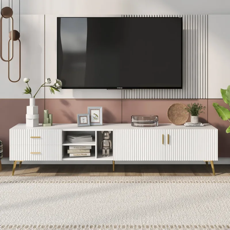 180cm White TV Stand with Fluted Doors and Gold Legs for TVs up to 80 Inches