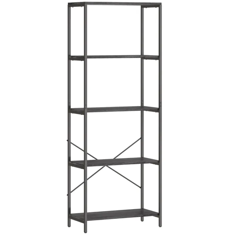  5-Tier Industrial Bookshelf with Metal Frame - Dark Grey and Black