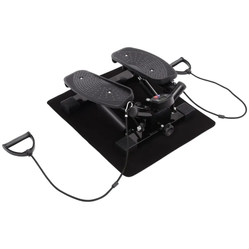  Portable Mini Stepper with Resistance Bands and Floor Mat - Black