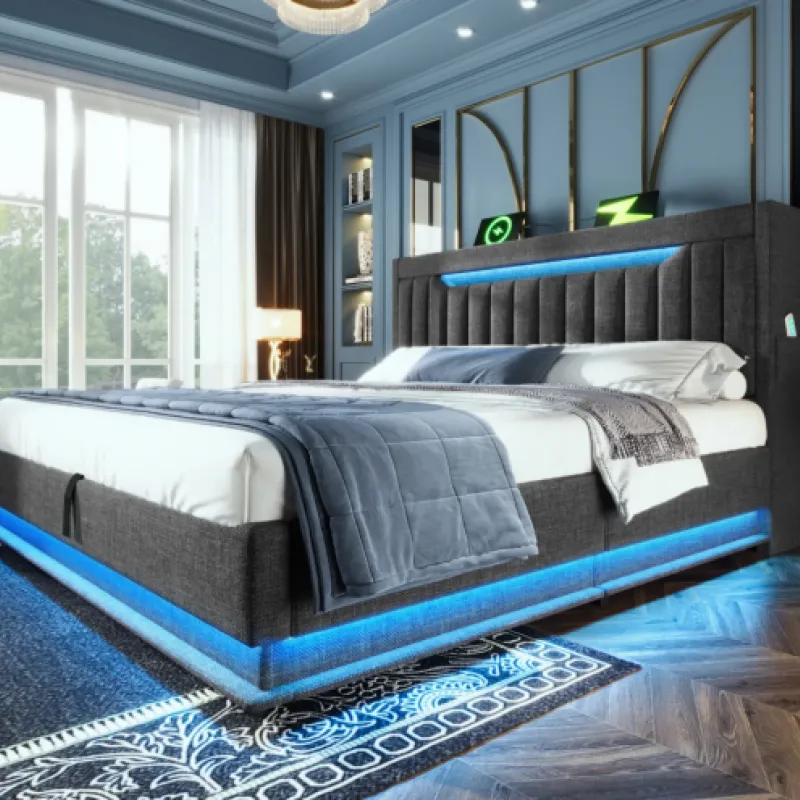 Grey Linen Super King Ottoman Bed with LED Lighting, USB-C Charging and Storage Headboard