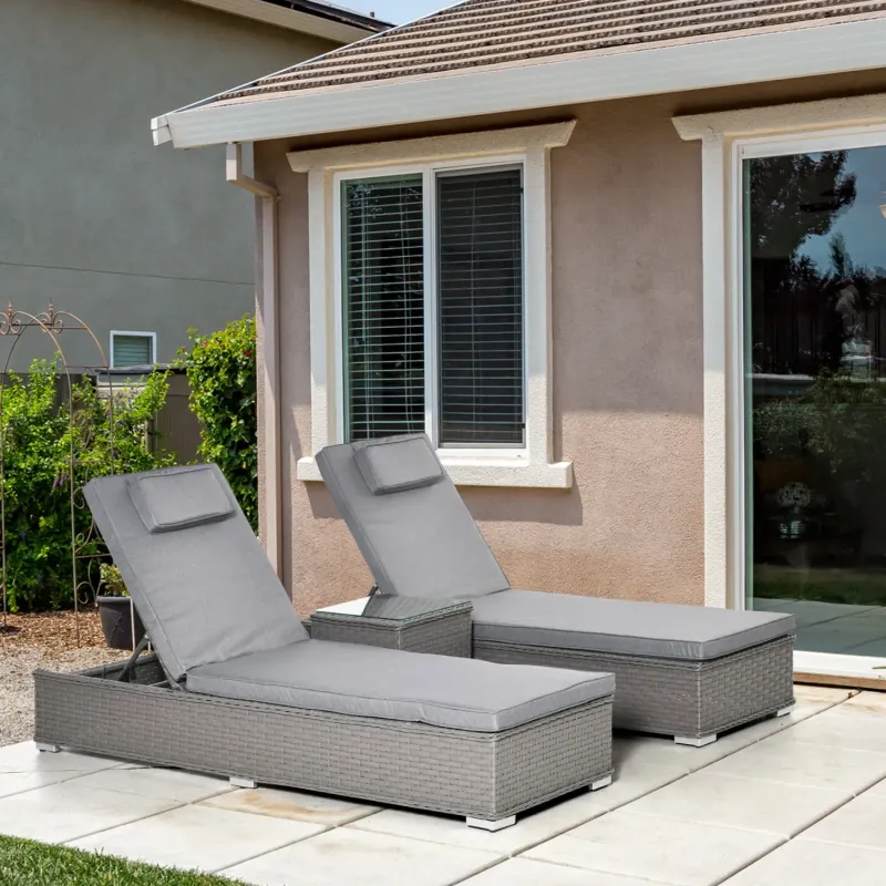  3-Piece Aluminium Rattan Sun Lounger Set with Side Table - Grey