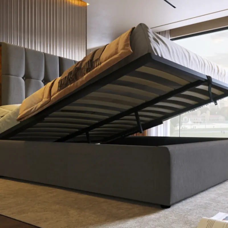 Super King Grey Linen Ottoman Storage Bed with Wireless Charging and USB Ports
