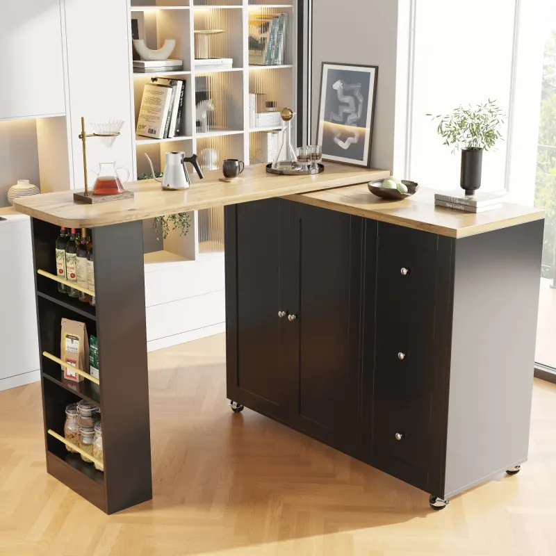 360° Rotating Extendable Bar Table with 3 Drawers & Storage - Black