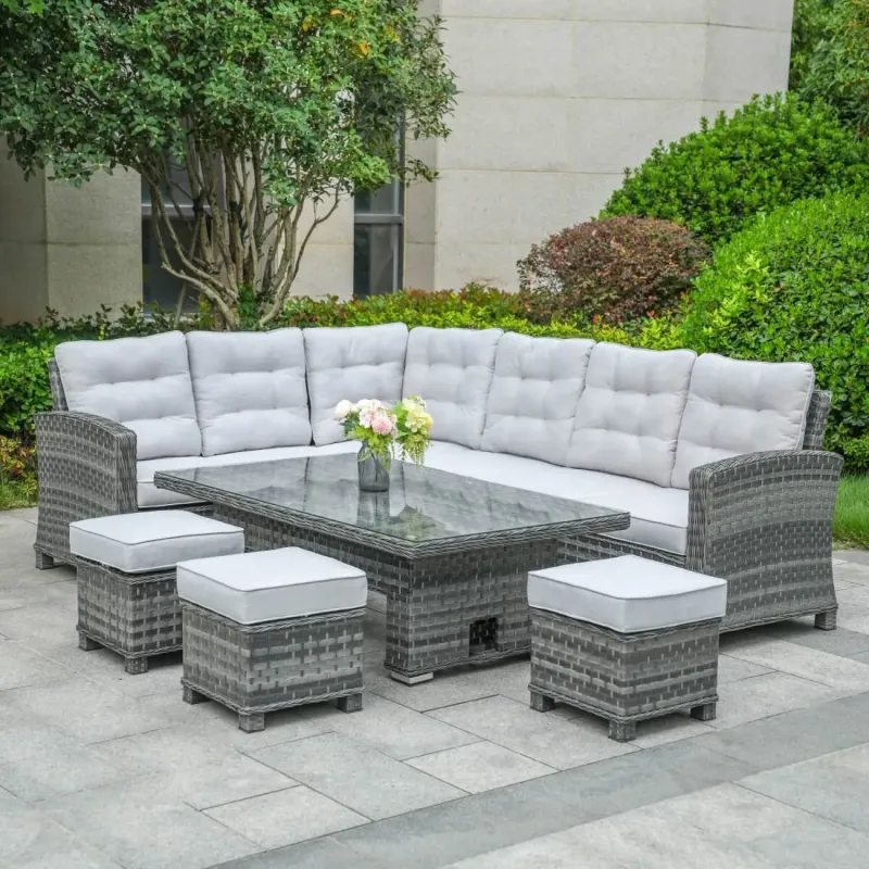 Oslo 8-Seater Rattan Garden Corner Sofa Set with Height-Adjustable Lift Table - Grey