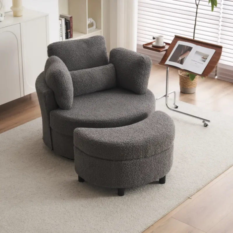Teddy Fabric Swivel Cuddle Chair with Crescent Ottoman - Medium Grey