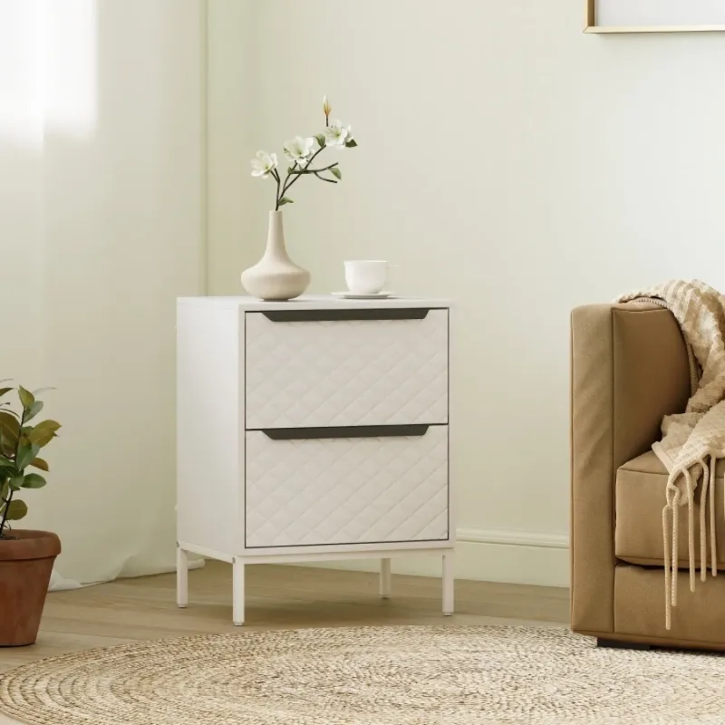  2-Drawer Fabric Chest of Drawers with Faux Leather Fronts - White