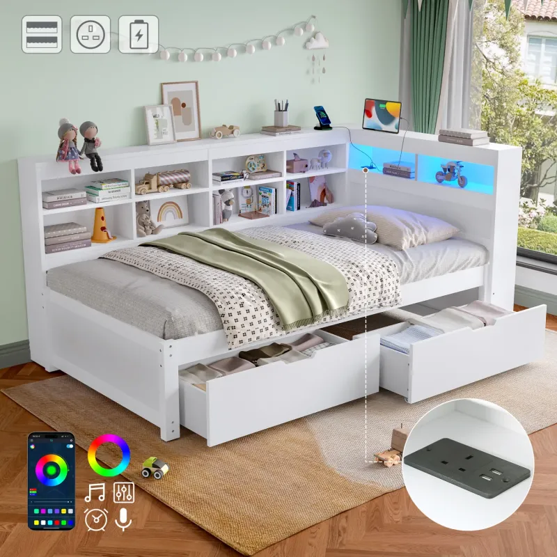 White 3ft Single Daybed with LED Storage Headboard, Charging Station and 2 Drawers